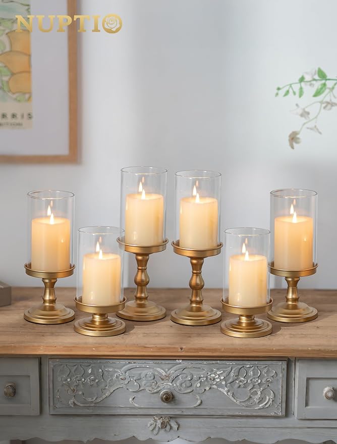 NUPTIO Hurricane Glass Candle Holders: Gold Pillar Candle Stand with Open Ended Chimney - Set of 3 Metal Candleholder for Fireplace Dining Table Centerpiece
