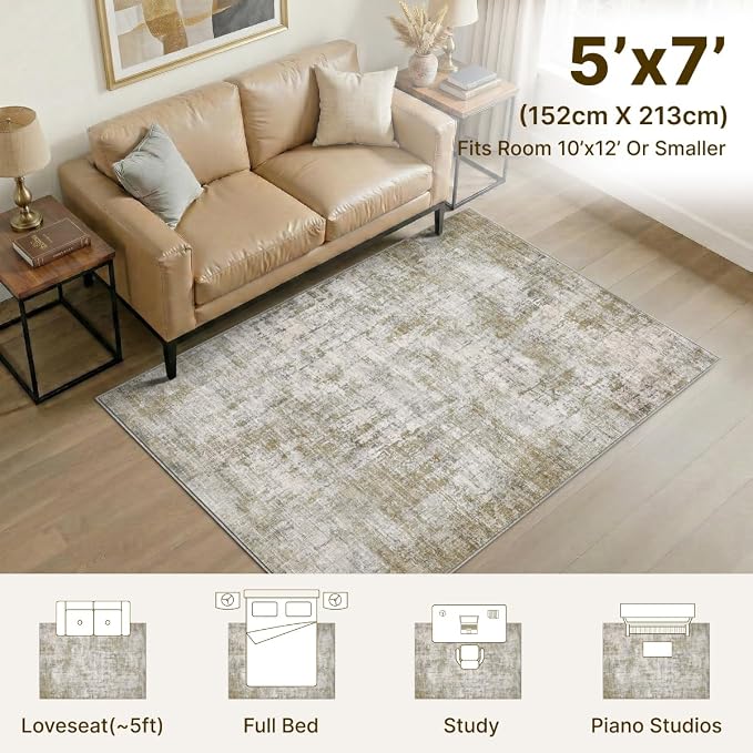 5x7 Area Rugs Washable Living Room Rug-No Slip Soft Carpets Modern Abstract Indoor Floor Stain Resistant Carpet for Bedroom Dining Room Farmhouse Nursery Home Office Tan