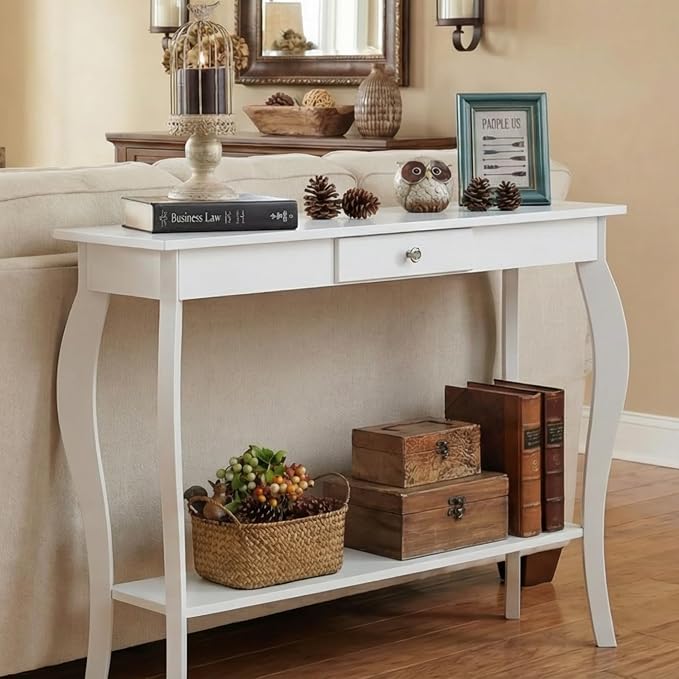 ChooChoo Narrow Console Table with Drawer, Chic Accent Sofa Table, Entryway Table, 39.3 Inch, White