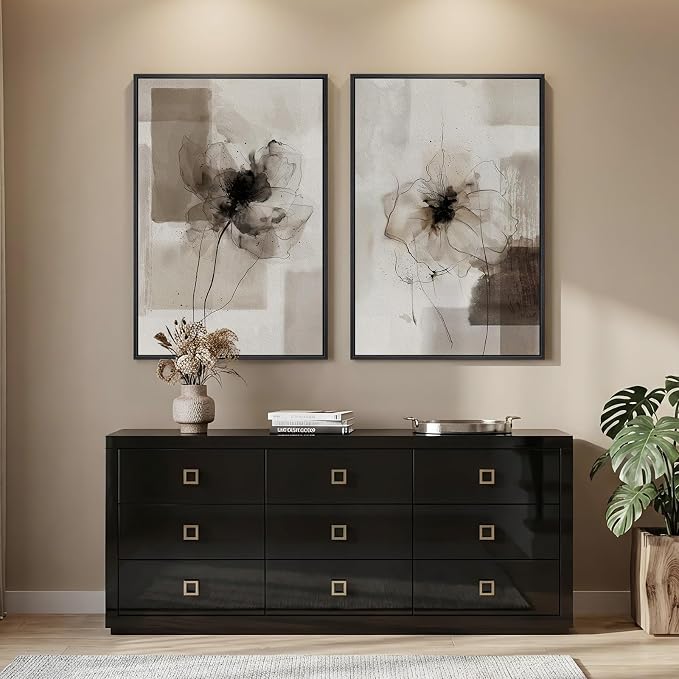 Framed Neutral Abstract Floral Wall Art for Living Room, Set of 2 Black and Brown Canvas Prints Artwork for Walls, Large Modern Minimalist Flower Earthy Pictures Bedroom Hallway Wall Decor, 24x36 Inch