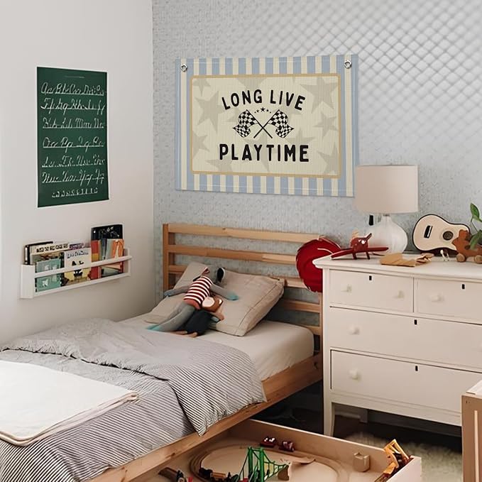 Playroom Decor Wall Banner "Long Live Playtime" 20x30 Inch, Race Car Room Decor for Boys - Nursery Kids Bedroom Wall Hanging, Toddler Children's Kids Room Decor