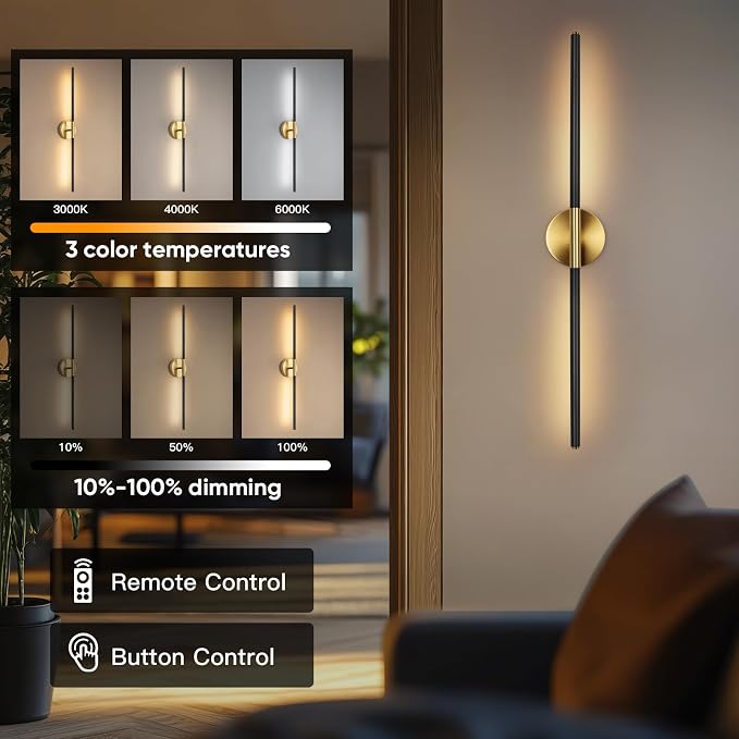 Battery Operated Wall Sconces Set of Two 360° Rotate Wireless Rechargeable Light Dimmable with Remote - Black Gold Modern Sconces Cordless Magnetic Wall Decor for Home Bedroom Timer 31.5 in