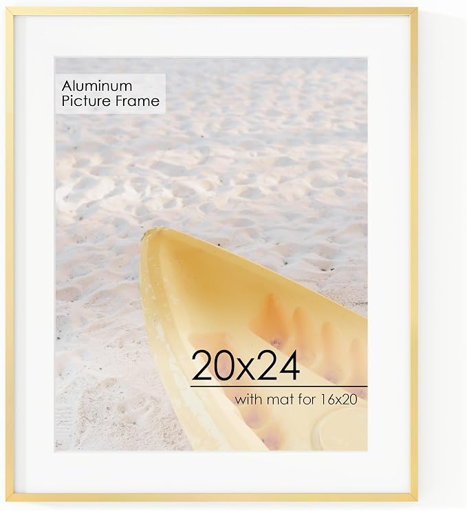 FLYJOE 20x24 Metal Picture Frame for Wall With Mat for 16x20, 20''x24'' Aluminum Photo Frames With Tempered Glass for Home Decor, Minimalist Modern Poster Frame Horizontal And Vertical Formats, Gold