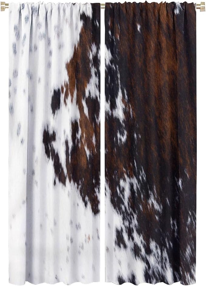 Cow Print Blackout Curtain,Retro Farm Style Animals Brown Cowhide Cow Fur Print Window Treatments Rod Pocket Curtain for Bedroom Living Room Kitchen Decor Drapes 42x63in