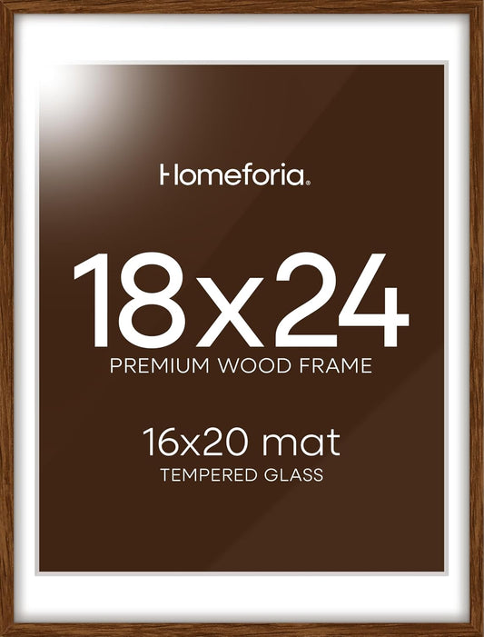 Homeforia 18x24 Walnut Poster Frame, High End Dark Oak 18x24 Brown Wooden Picture Frames with Mat 16x20, 18 x 24 Wood Frame Matted to 16 by 20, 24x18 Hanging Frames, Tempered Glass, Wall Kit, Set of 1