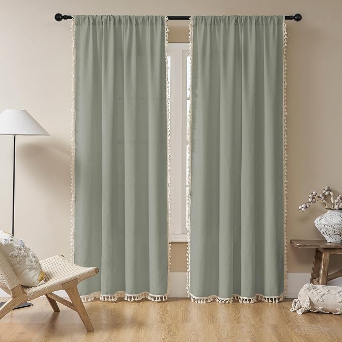 Joydeco Custom Boho Curtains - 1 Panel, Super Soft Light Filtering Country Rustic Semi Sheer Curtains for Bedroom & Living Room, Greyish Green
