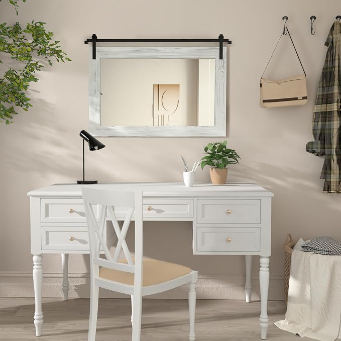 COGOOD Farmhouse Barn Door Mirror - 29" x 22" Rustic Wood Framed Wall Mirror for Bathroom, Living Room, Entryway Wall Decor (White)
