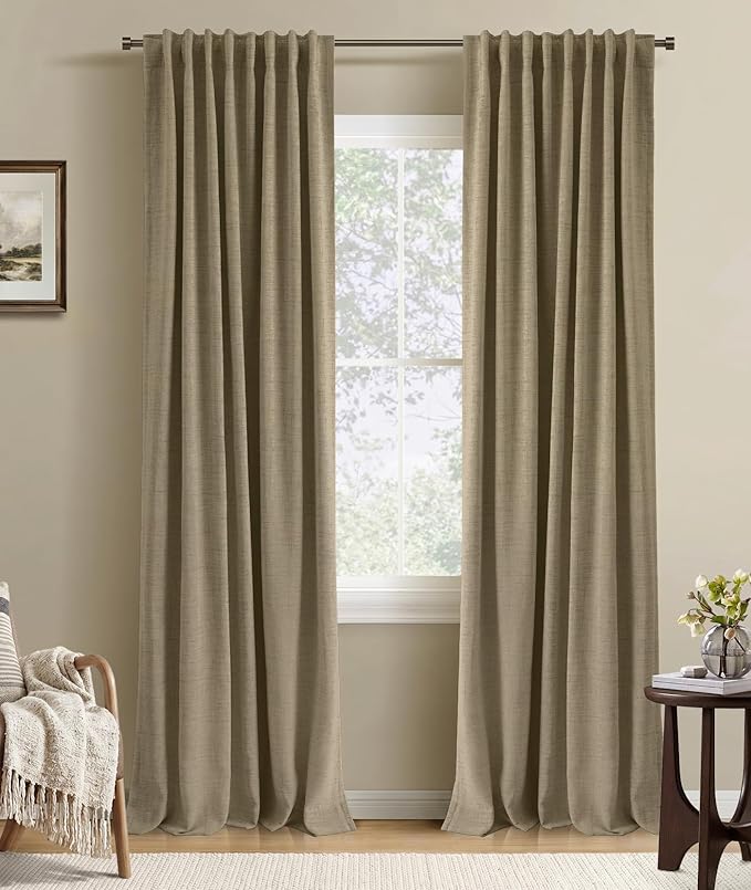 INOVADAY 100% Blackout Curtains 90 Inches Length 2 Panels Set, Back Tab/Rod Pocket Linen Black Out Curtains for Bedroom, Thermal Insulated Window Drapes - Earthy Beige, W50 X L90