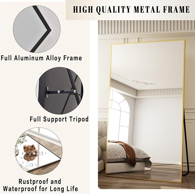 BEAUTYPEAK 76"x34" Rectangle Full Body Floor Mirrors, Full Length Mirror Hanging or Leaning, Aluminum Alloy Frame Wall Mirror for Bedroom, Dressing Room, Gold