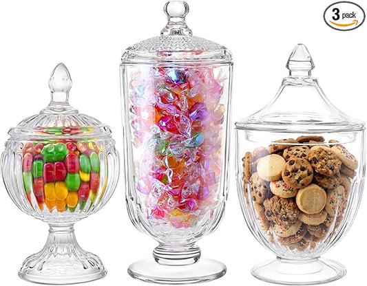 3 Pcs Glass Apothecary Jar with Lid Decorative Crystal Candy Jar for Candy Buffet Bathroom Storage Canisters Wedding Decor Glass Organization Canisters for Home