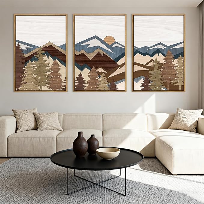 BINCUE Large Boho Mountain Wall Art Framed Mountains Wall Paintings Set of 3 Forest Mountain Sun Wall Decor Boho Landscape Artwork Rustic Mountains Art Prints for Living Room Bedroom Office Farmhouse 24x36 Inch Gift