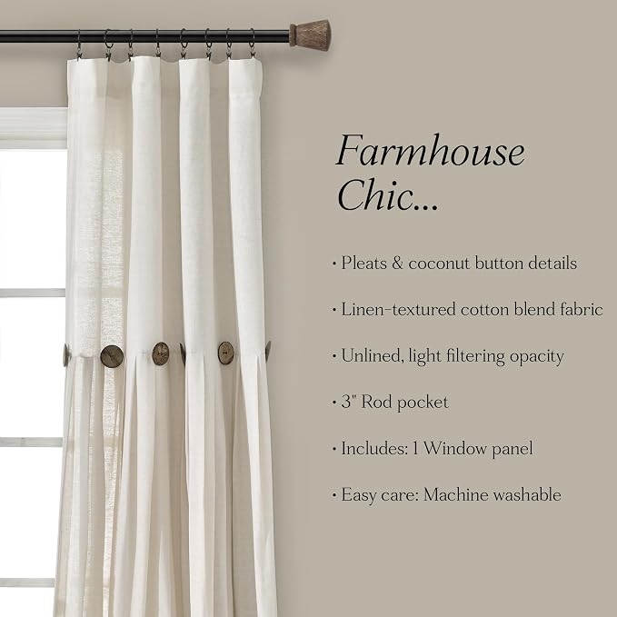 Lush Decor Linen Button Window Curtain Panel, Single, 40" W x 84" L, Off White - Rustic Decor - Color Block Modern Farmhouse Curtains For Living Room, Bedroom & Dining Room