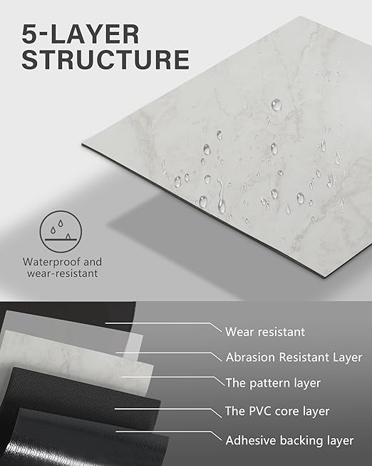 12" x 12" Peel and Stick Floor Tile, Self Adhesive Vinyl Flooring, 20 Tiles Grayish White Marble Pattern Peel and Stick Tile for Kitchen, Bedroom, Cover 20 Sq. Ft DIY Floor Tiles