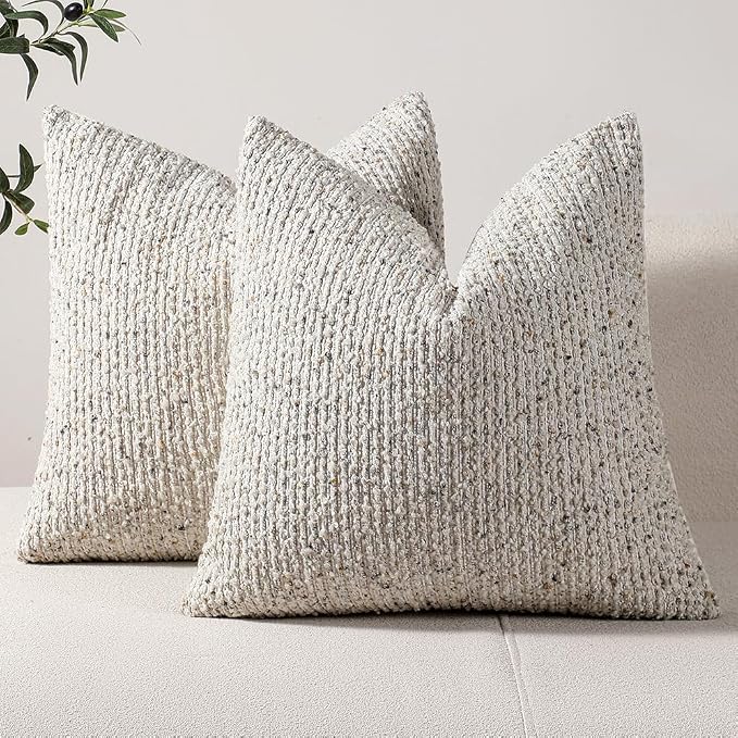 DEZENE Striped Throw Pillow Covers 22x22 Set of 2 Cream Grey Textured Boucle Chic Morden Boho Accent Farmhouse Square Decorative Couch Pillow Covers for Home Decor Bed Sofa Living Room