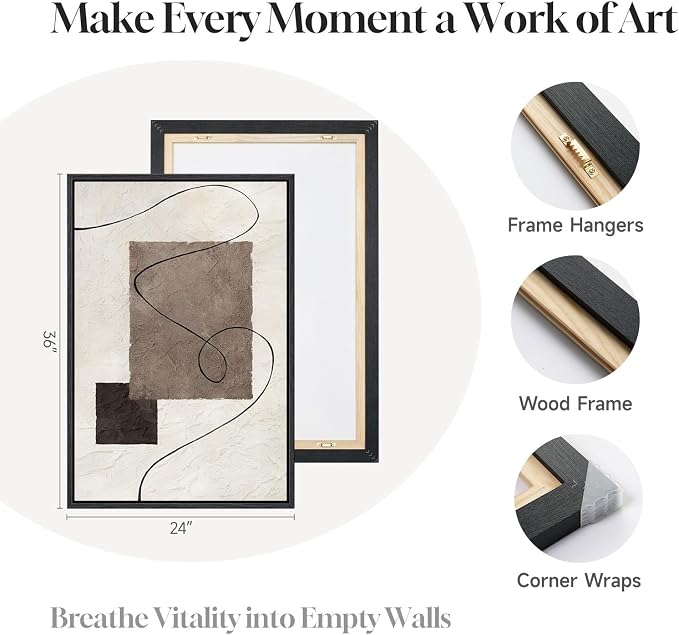 Framed Neutral Abstract Wall Art for Living Room, Set of 2 Geometric Line Beige Brown Canvas Artwork for Walls, Large Minimalist Modern Painting Print for Hallway Bedroom Office Wall Decor, 24x36 Inch