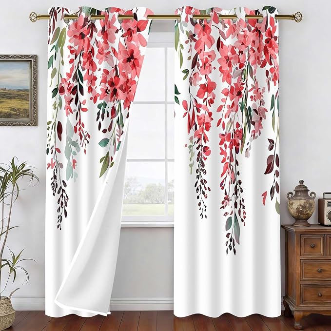 Red Watercolor Floral Curtains, Botanical Leaves Vine Flowers Curtain, Rustic Farmhouse Flower Leaf Blackout Window Treatment Drapes for Bedroom Living Room 42x90 inch, 2 Panels