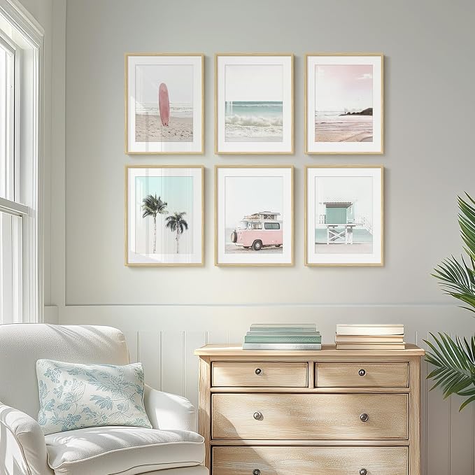 Framed Pink and Mint Green Coastal Wall Art for Living Room, 6 Piece Palm Tree Surfboard Beach Pictures Prints for Bedroom, Tropical Nautical Ocean Beachy Artwork for Hallway Walls Decor, 11x14 Inch