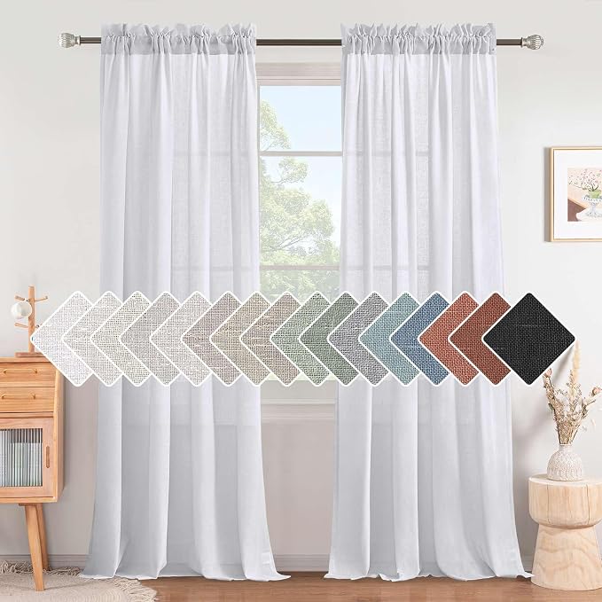 H.VERSAILTEX Linen Curtains Pair Set Functional Open Weave Curtain Highly Durable Rod Pocket Extra Long 108 Drapes for Living Room/Bedroom, Not Solid Privacy Assured (9 FT Tall, Heathered White)