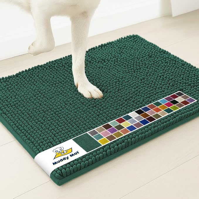 Muddy Mat® | Super Water Absorbent Door Mat Indoor, Microfiber Quick Dry Chenille Entryway Rug, Slip Resistant Front Door Mat, Indoor Mats for Entryway, Machine Washable Pet Rug, Dark Green 3ft x 8ft