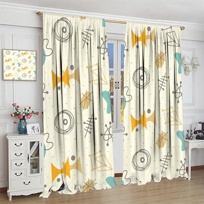 JESTRONRY Mid Century Modern Curtains,Vintage 1950s Atomic Stars Abstract Geometric Shapes Window Treatments Curtains for Living Room Bedroom Kitchen Bathroom Home Decor C 63x72in
