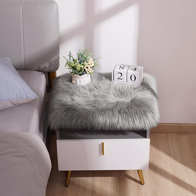 Softlife Grey Faux Fur Sheepskin Chair Cover 2 PCs Seat Cushion Pad Super Soft Area Rugs for Living Bedroom Sofa Dorm (1.6ft x 1.6ft)