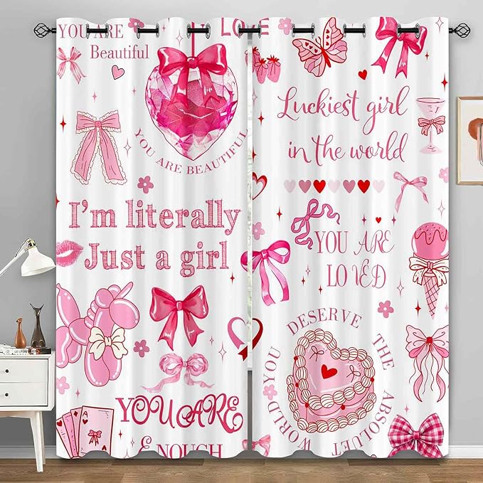 LUVIVIHOME Pink Bow Curtains, Cute Preppy Coquette Blackout Curtains for Girls Bedroom Living Room, Butterfly Floral Bowknot Girly Room Decor, Inspirational Gifts for Women, 2 Panel Sets, 52x63 Inch