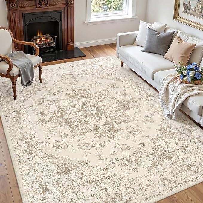 3x5 Area Rugs for Living Room: Vintage Boho Neutral Washable Rug Indoor Soft Large Area Rug Carpet for Bedroom Nursery Farmhouse Dining Room Office Floor Non-Slip Low Pile Under Table Rug Beige/Ivory