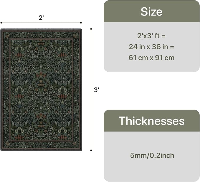 GENIMO 2x3 Washable Kitchen Rug, Non Slip Indoor Door Mat, Dark Green | Vintage Boho Floral Low Pile Entryway Mat for Bathroom, Front Door and Laundry Room