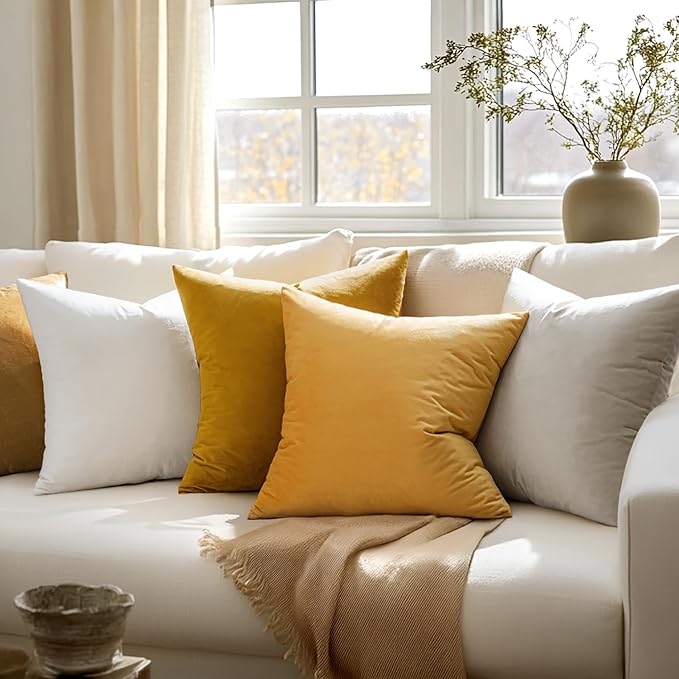 MIULEE Pack of 2 Mustard Yellow Pillow Covers 20x20 Inch Decorative Velvet Throw Pillow Covers Modern Soft Couch Throw Pillows Farmhouse Spring Home Decor for Sofa Bedroom Living Room