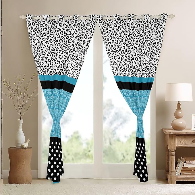 Leopard Print Window Curtains 38"Wx45"L Teal Boho Paisley Cheetah Curtains Black White Polk Dots Leopard Window Drapes 2 Panels For Kids Boys Girls Bedroom Decor,Bohemian Floral Window Treatments