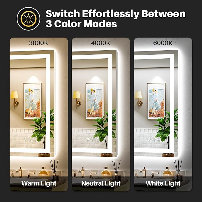 Briivue 48x38 Inch LED Bathroom Mirror with Lights, Backlit & Front Lit, Anti-Fog Lighted Bathroom Vanity Mirror for Wall, Memory Function, Dimmable, HD Tempered Glass, Shatter-Proof