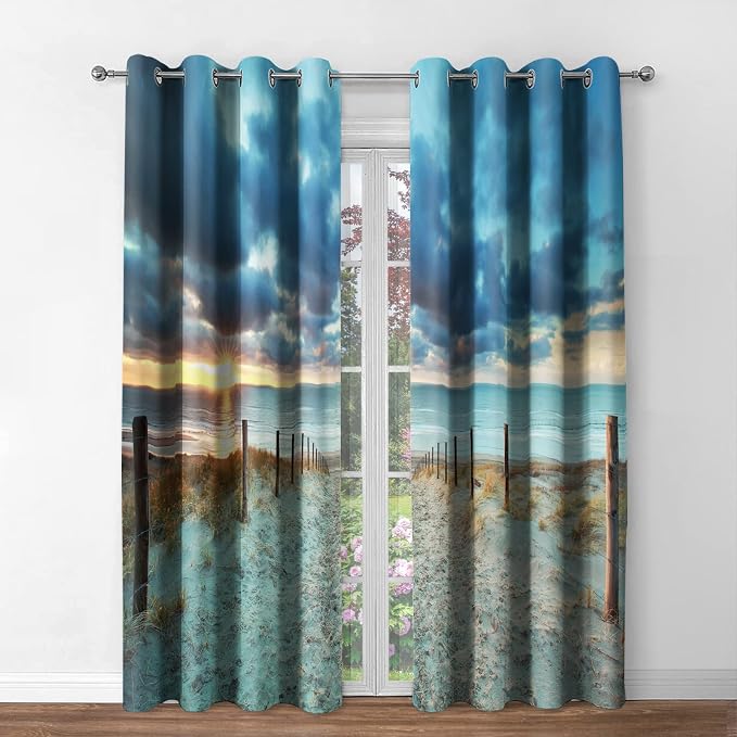 Jekeno Costal Beach Blackout Curtains - Ocean Sunrise Sunset Natural Sky Sea Sand Landscape Print Decor Bedroom Living Room Darkening Grommet Window Drapes 2 Panels Set,42"x84"
