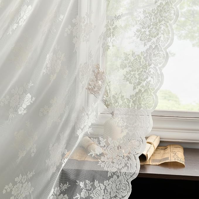 Kotile Lace Curtains 45 Inch Length - Short Lace Curtains for Kitchen Window, Vintage Sheer Cafe Curtain 2 Panels, Rod Pocket Rustic Floral Short Drapes, 52 x 45 Inch, 2 Panels, Ivory