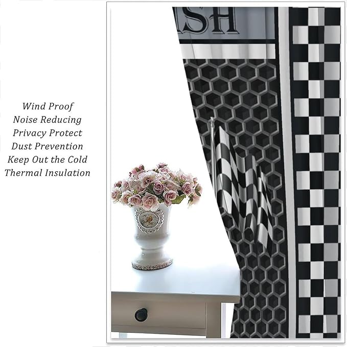 Race Car Flag Curtain,Boy Kid Black White Checkered 3D Grey Honeycomb Modern Geometric Window Curtains Cafe Dining Room Office Living Room Kitchen Bedroom Drapes, 42x45 in