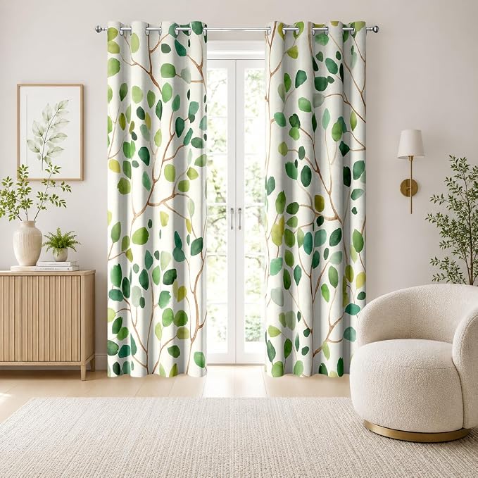 Boho Green Leaf Floral Blackout Curtains, Watercolor Bohemian Flower Print Window Drapes, Living Room Bedroom Decor 2 Panels 52x84 Inch