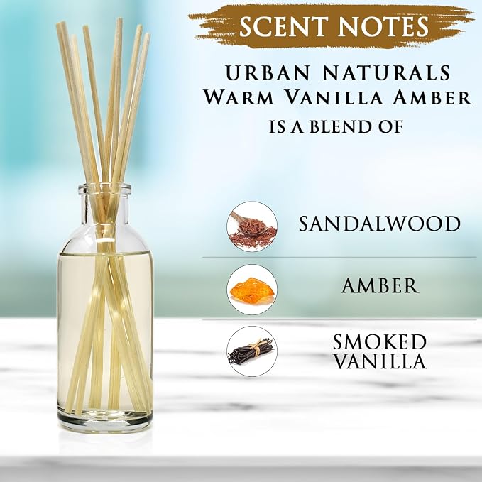 Urban Naturals Reed Diffuser Set, Warm Vanilla Amber - Bathroom Shelf Décor | Creamy. Warm. Sultry. Notes of Sandalwood, Amber & Smoked Vanilla, Made with Essential Oils & Real Botanical Pieces