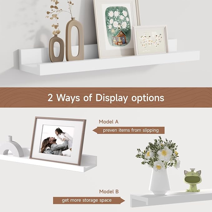 Floating Picture Ledge Shelves Set of 2, 16 Inch Solid Wood Wall Shelves with Lip, Large Nursery Book Shelf for Toys Storage, Kids Bookshelf, Living Room, Bedroom Decor Frames, White Color