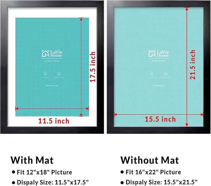 LaVie Home 16 x 22 Picture Frame Black Poster Frame,Display Pictures 12x18 with Mat or 16x22 Without Mat, Stable and Sturdy Frame and Polished Plexiglass, Horizontal and Vertical Format of The Walls