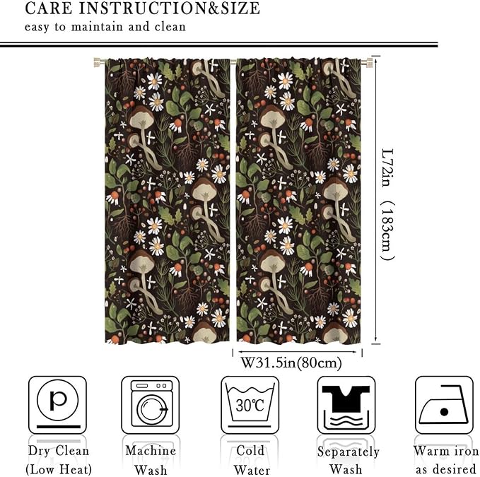 Mushroom Curtains,Green Plant Forest Botanical Print Window Treatments for Bedroom Living Room Kitchen Cartoon Herbs Floral Window Drapes 2 Panels Set,Total Size 63 x 72 Inch