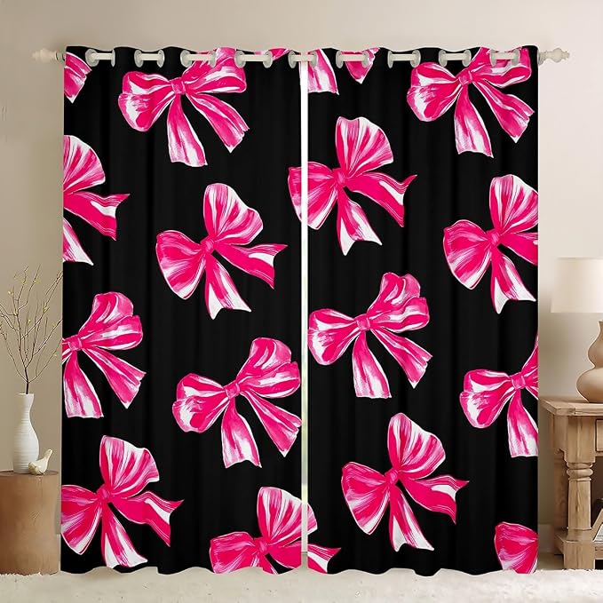 Erosebridal Bowknot Kids Curtain Rose Pink Bow Window Curtain 42" Wx63 L for Boys Girls Teen,Watercolor Bow Tie Window Treatments Black Modern Simple 30%-50% Blackout Curtains for Bedroom