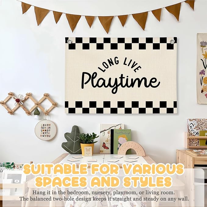 Long Live Playtime Black and White Checkered Boys Room Decor - Linen Banner Wall Hanging Canvas Banner Flag Decor for Toddler Boy Bedroom Nursery Playroom