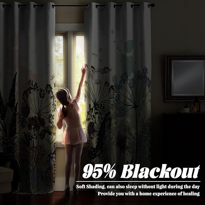 Renaiss Wildflowers Blackout Curtains Vintage Botanical Floral Plant Thermal Insulated Window Drapes for Bedroom 42W x 84L inches 2 Panel Set Window Curtain Panels for Living Room
