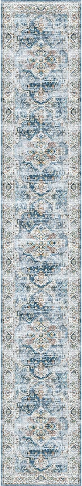 Madane Washable Runner Rugs 2x12 Long for Hallway Kitchen Soft, Navy | Non-Slip Vintage Printed 12ft Rug Runners with Rubber Backing, Low-Pile Floor Carpet Laundry Room Entryway, Corridor