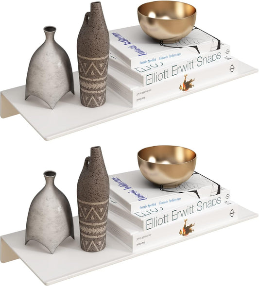 JOOM White Floating Shelves for Wall Storage, Metal Wall Shelves for Living Room, Bathroom, Kitchen, 12” Small Display Shelves for Collectibles(2 PCS)