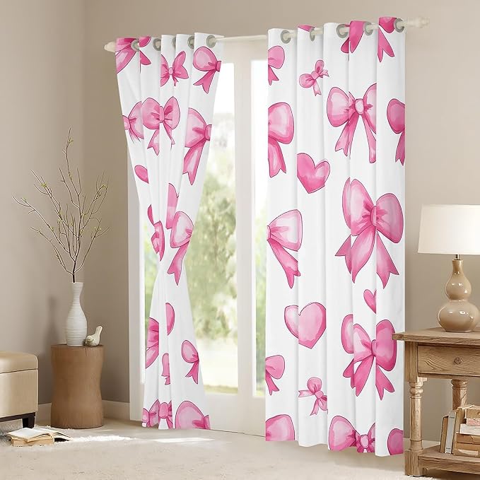 Erosebridal Pink Bow 52" Wx84 L Window Curtain for Girls,Kawaii Love Bowknot Kids Window Treatments Cute Girly Bow Curtain Romantic Heart Bowknot Curtains & Drapes Bedroom Decor