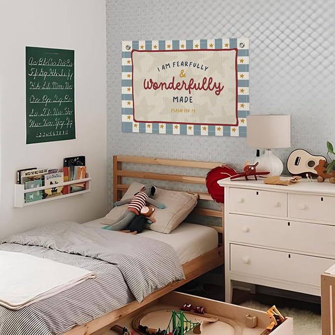 Wheatwin Fearfully And Wonderfully Made Nursery Wall Decor, Vintage Kids Room Playroom Bible Verse Christian Wall Hanging Banner, Canvas Decoration for Classroom, Nursery Kids Room