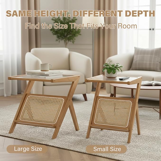 Tiita Rattan Side Table, Mid Century Nightstand, Bamboo Accent Bedside Tables, Glass Coffee Tables, Boho Wooden End Table with Storage for Small Space, Living Room and Bedroom