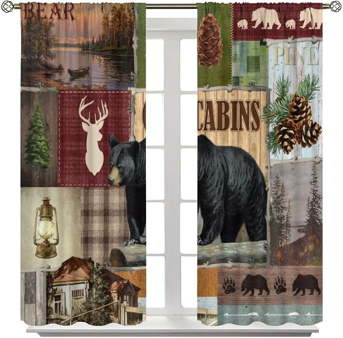 Vintage Bear Blackout Curtains Countryside Mountains Farmhouse Forest Hunting Lodge Lake Pine Cones Wild Deer Bear Animals Windows Treatments Rod Pocket for Kitchen Living Room Bedroom 42x63in