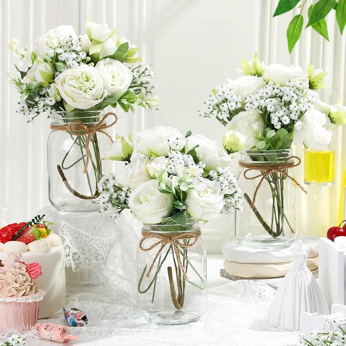 Zeyune 6 Sets Mason Jar Centerpiece Table Decorations, Artificial Peony Baby's Breath Flower Bouquets, Faux Flowers with Vase, Rustic Decor Gifts for Home, Wedding, Holiday (Green)