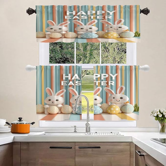Shrahala Three Rabbits Colorful Eggs Blackout Curtain Tiers, Easter Celebration with Rabbits Eggs Kitchen Valance Light Blocking Tier Drapes with Rod Pocket, 2 Pack 26 X 24 in